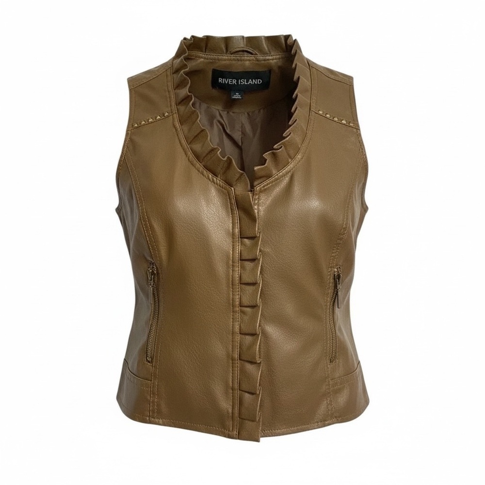River Island brown lined vegan leather vest with front zipper and ruffles